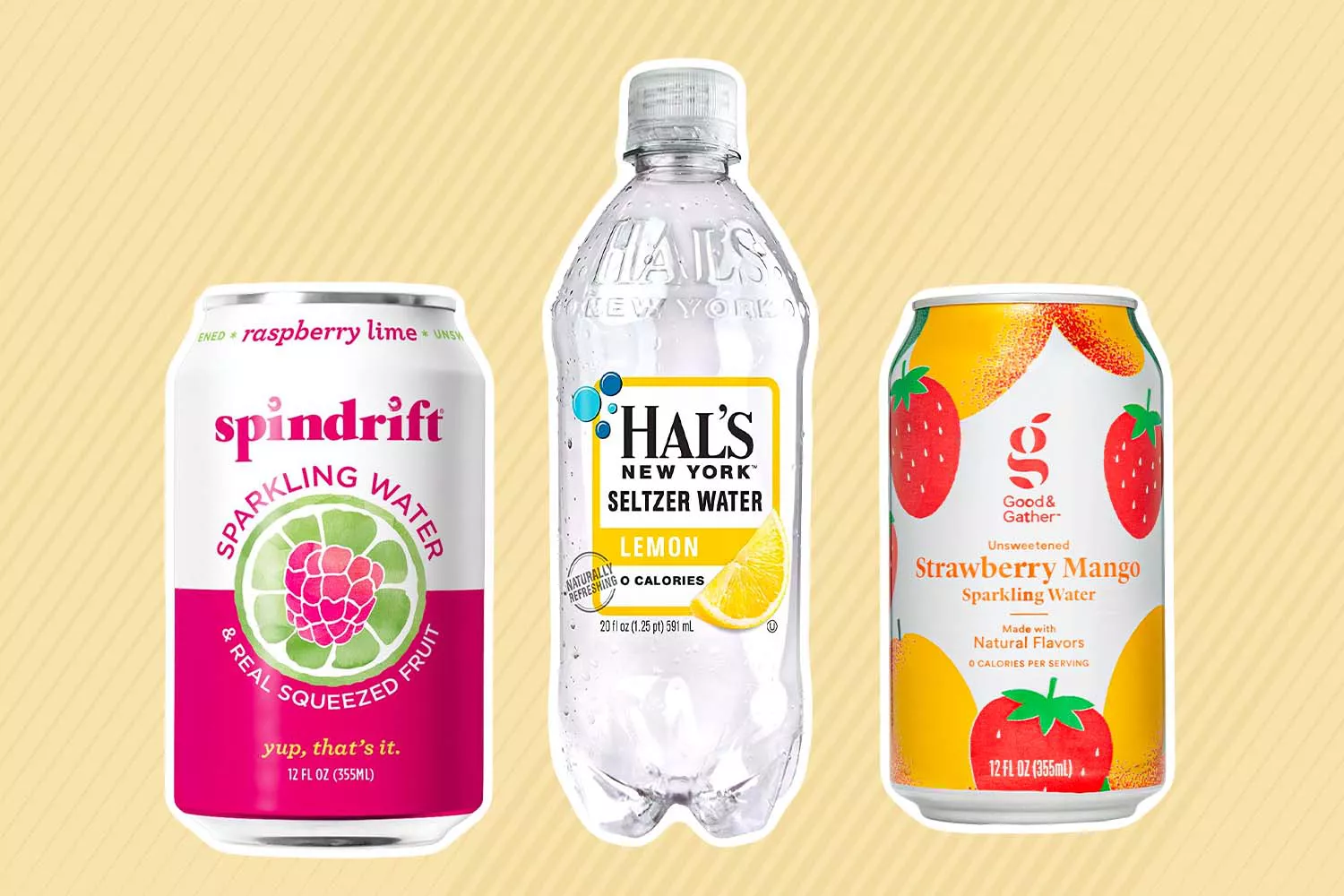 Collage of sparkling waters we recommend on a yellow background