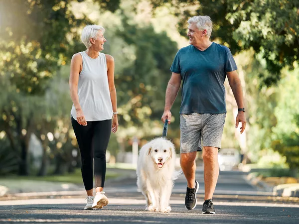 Two people smiling at each other while walking with their dog on a leash. 