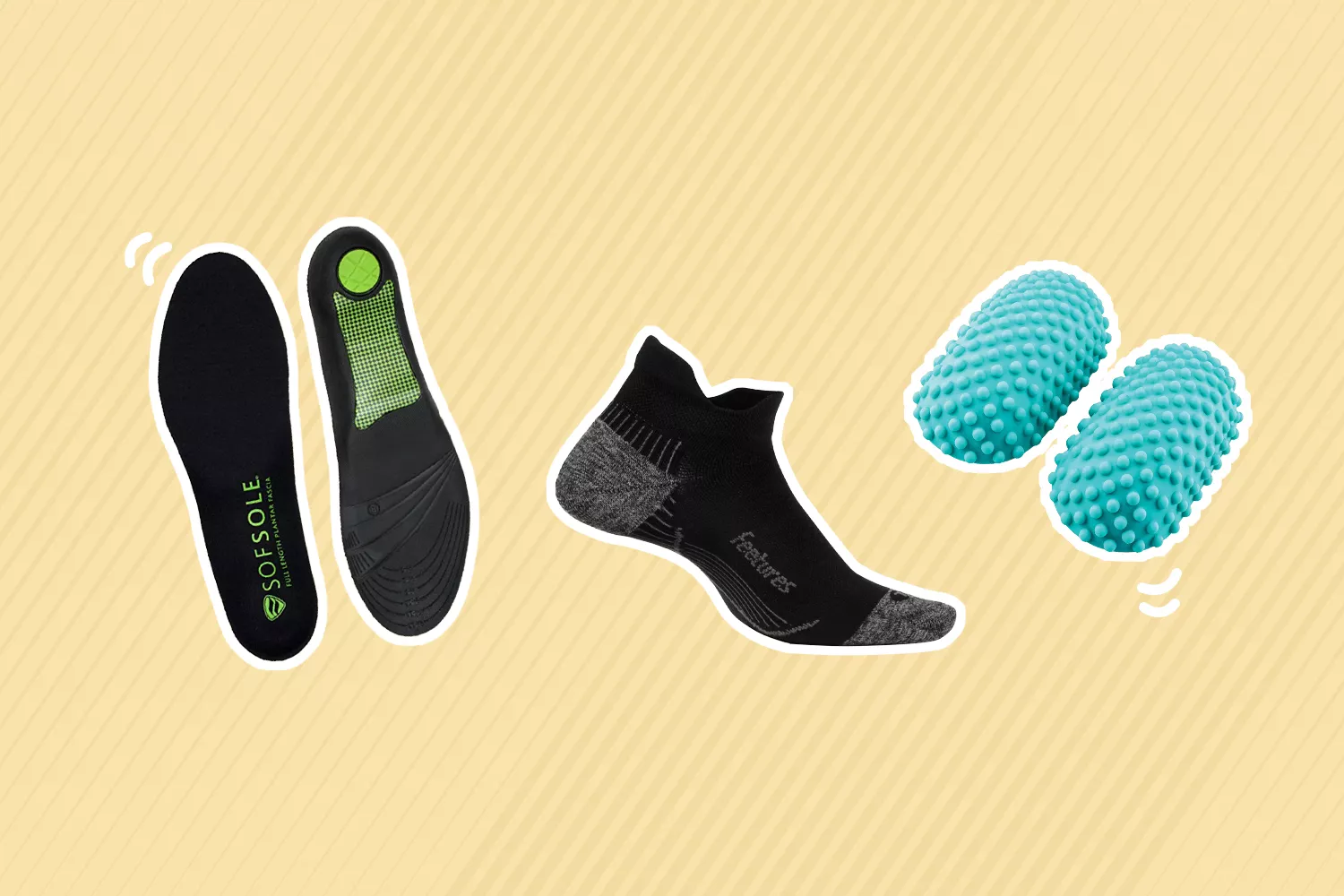 Collage of three of the Best Plantar Fasciitis and Heel Spur Relief Products on a yellow patterned background 