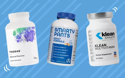 Vitamins from the best vitamin brands collaged against a blue striped background