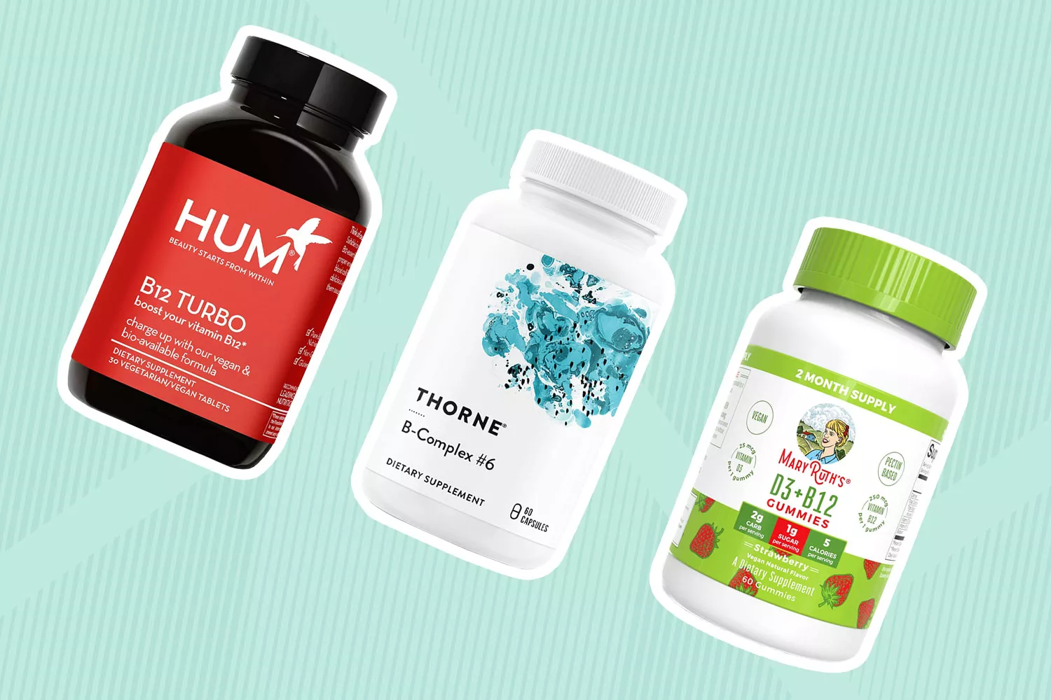 Assortment of B12 supplements we recommend for vegans and vegetarians displayed on a blue striped background